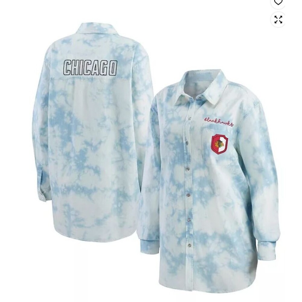 Women's Chicago Blackhawks Oversized Tie-Dye Button-Up Denim Shirt Large